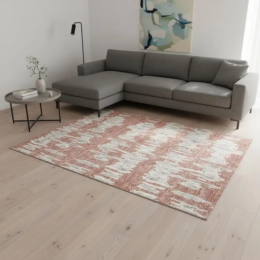 Salmon And Beige Striped Washable Area Rug With UV Protection Photo 2