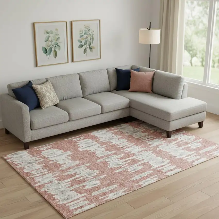 Salmon And Beige Striped Washable Area Rug With UV Protection Photo 1