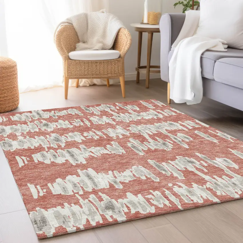 Salmon And Beige Striped Washable Area Rug With UV Protection Photo 5