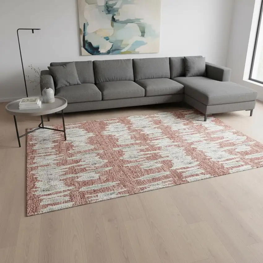 Salmon And Beige Striped Washable Area Rug With UV Protection Photo 2