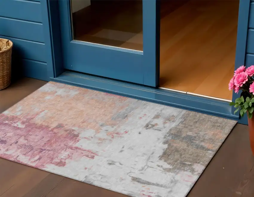 Salmon And Blush Abstract Washable Indoor Outdoor Area Rug Photo 2