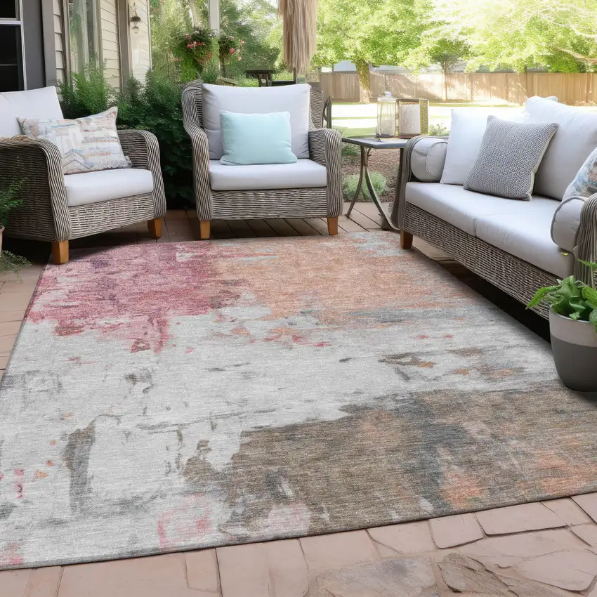 Salmon And Blush Abstract Washable Indoor Outdoor Area Rug Photo 4
