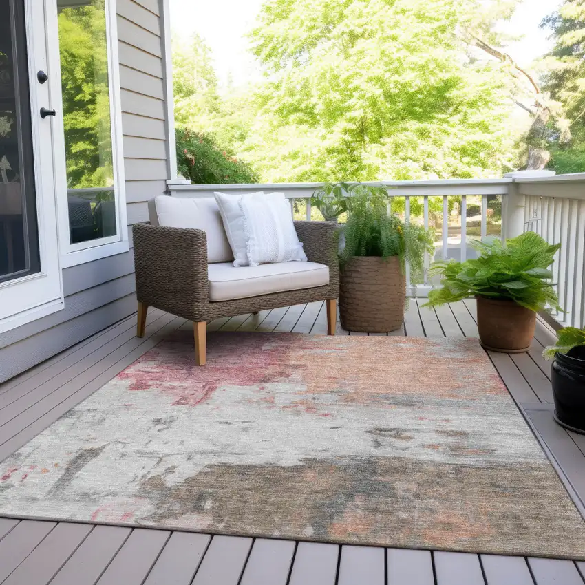 Salmon And Blush Abstract Washable Indoor Outdoor Area Rug Photo 6