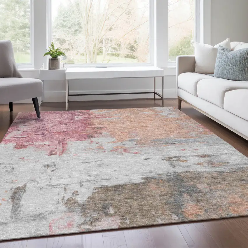Salmon And Blush Abstract Washable Indoor Outdoor Area Rug Photo 6