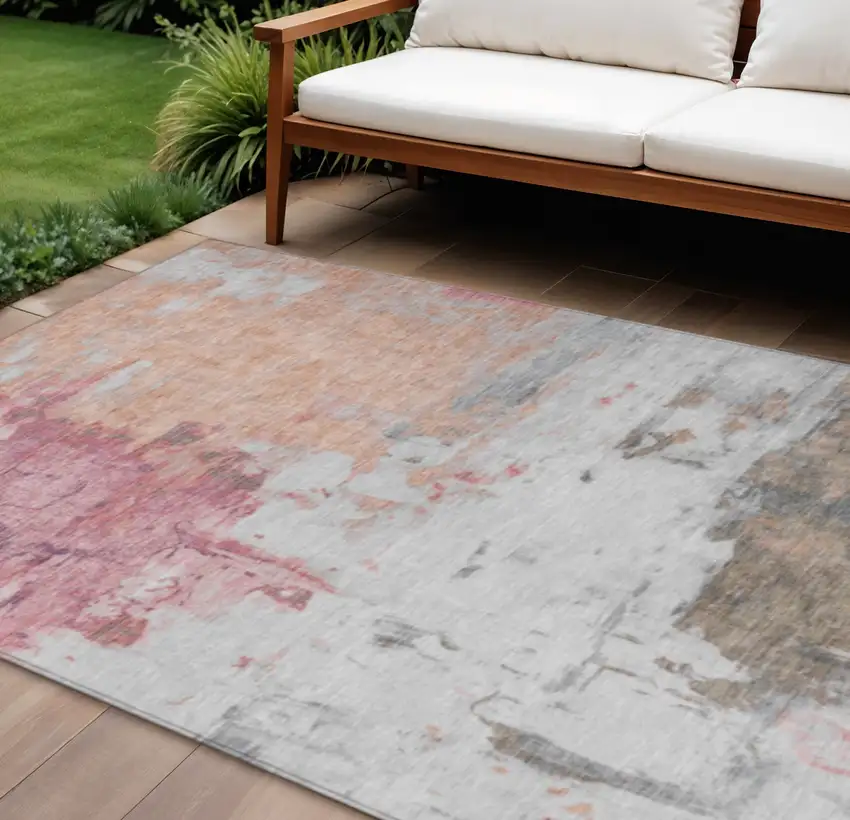 Salmon And Blush Abstract Washable Indoor Outdoor Area Rug Photo 2