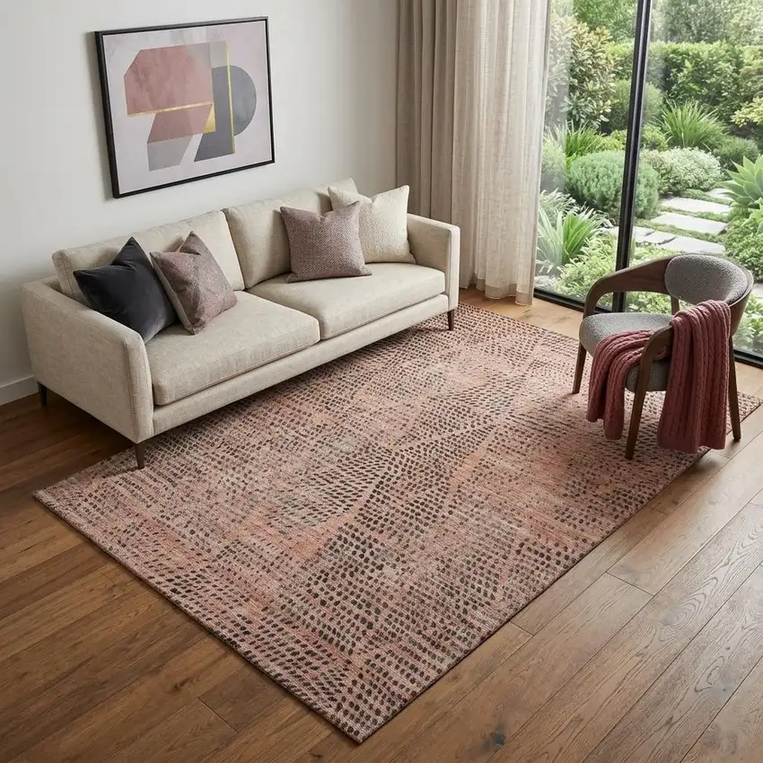 Salmon And Charcoal Diamond Washable Area Rug With UV Protection Photo 1
