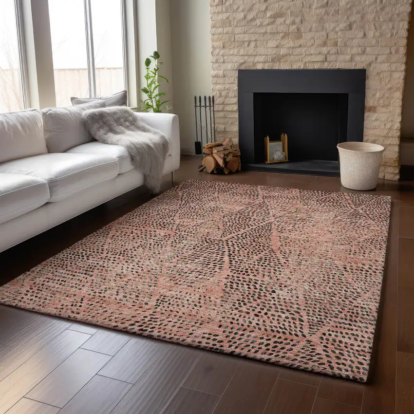 Salmon And Charcoal Diamond Washable Area Rug With UV Protection Photo 9