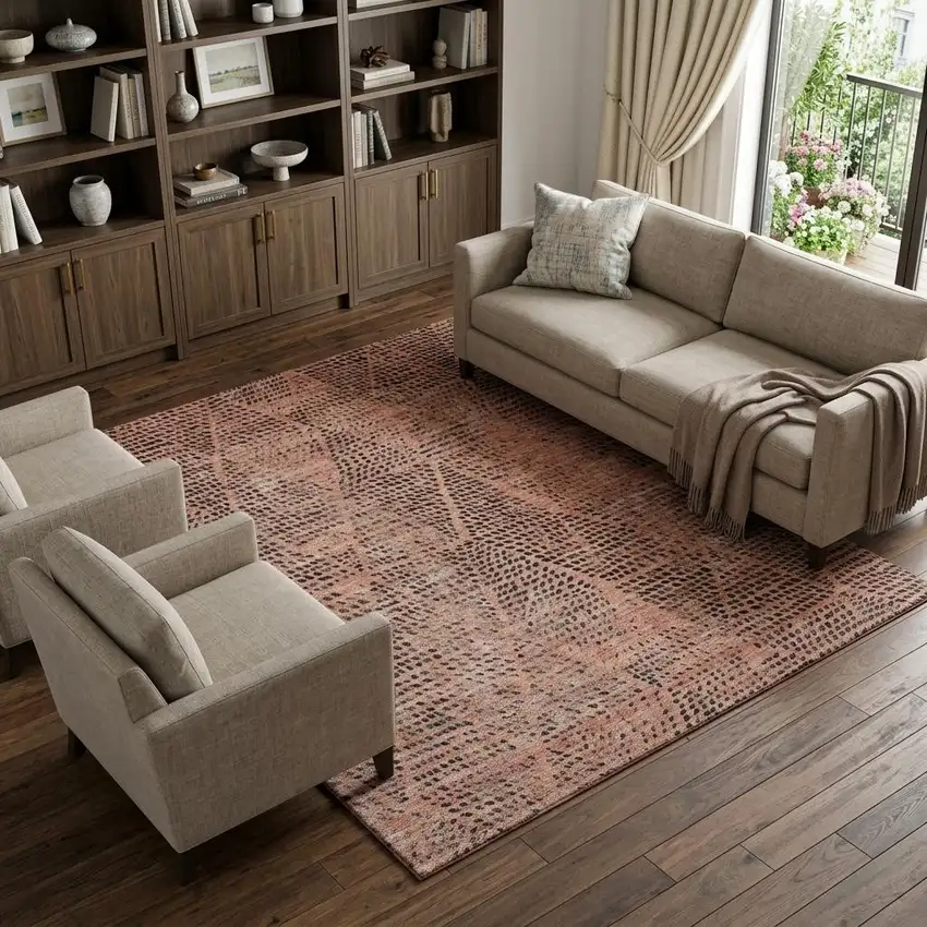 Salmon And Charcoal Diamond Washable Area Rug With UV Protection Photo 1