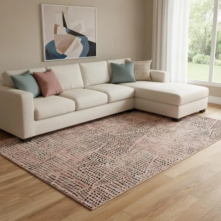 Salmon And Charcoal Diamond Washable Area Rug With UV Protection Photo 1