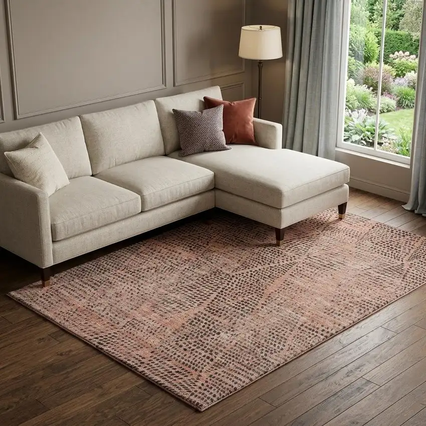 Salmon And Charcoal Diamond Washable Area Rug With UV Protection Photo 1