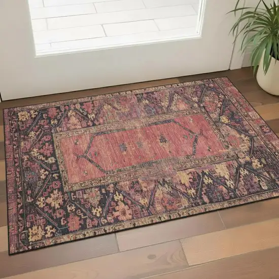 Salmon And Charcoal Oriental Washable Area Rug With UV Protection Photo 2