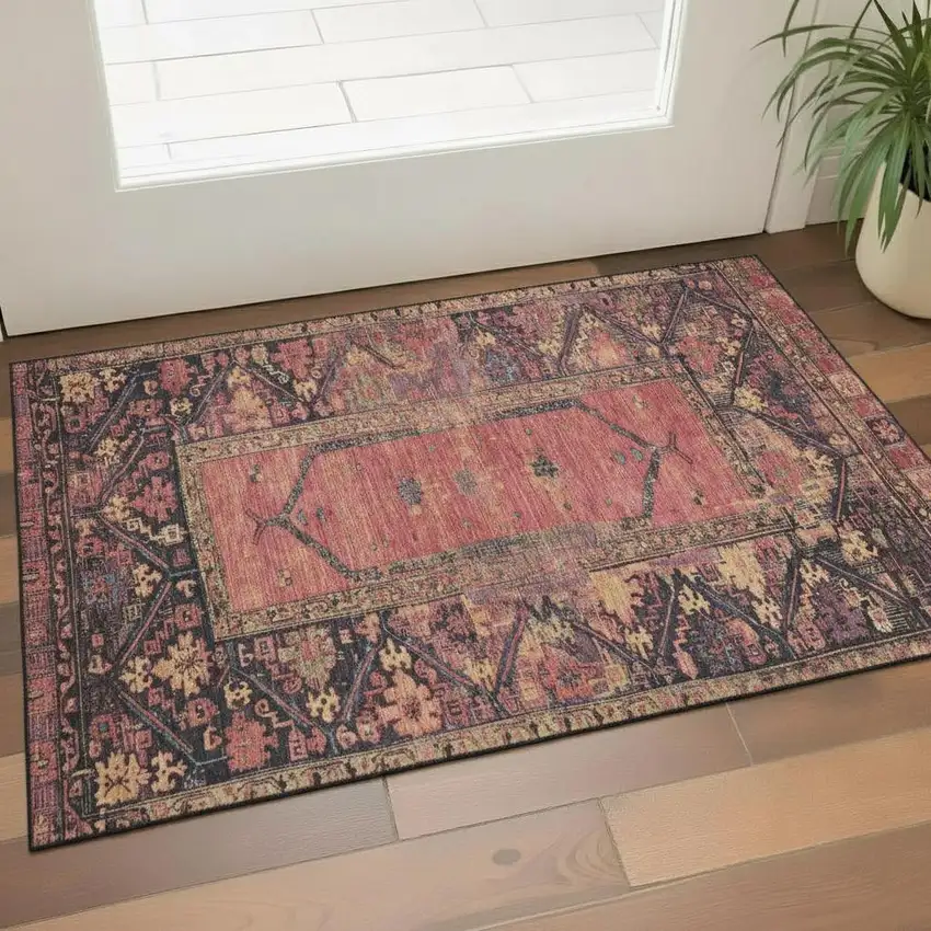 Salmon And Charcoal Oriental Washable Area Rug With UV Protection Photo 2