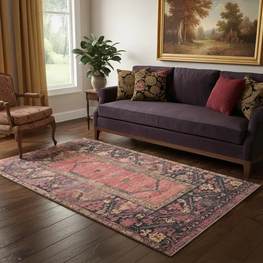 Salmon And Charcoal Oriental Washable Area Rug With UV Protection Photo 2