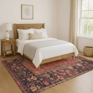 Photo of Salmon And Charcoal Oriental Washable Area Rug With UV Protection