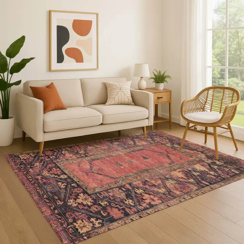Salmon And Charcoal Oriental Washable Area Rug With UV Protection Photo 4