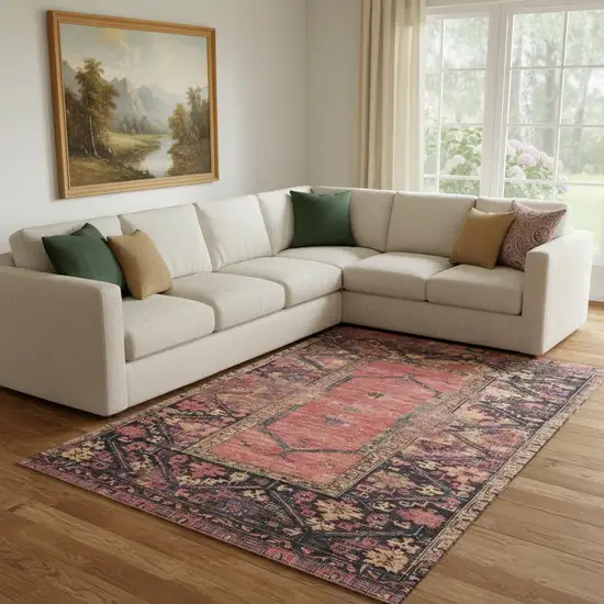 Salmon And Charcoal Oriental Washable Area Rug With UV Protection Photo 2