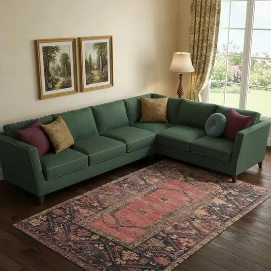 Salmon And Charcoal Oriental Washable Area Rug With UV Protection Photo 2