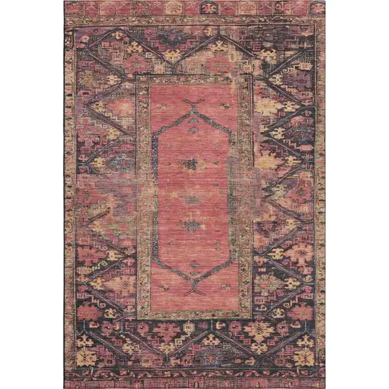 Salmon And Charcoal Oriental Washable Area Rug With UV Protection Photo 1