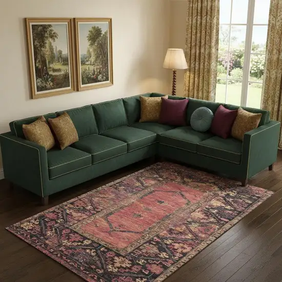 Salmon And Charcoal Oriental Washable Area Rug With UV Protection Photo 2