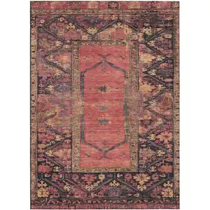 Photo of Salmon And Charcoal Oriental Washable Indoor Outdoor Area Rug