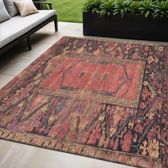 Salmon And Charcoal Oriental Washable Indoor Outdoor Area Rug Photo 2