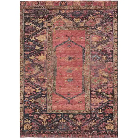 Salmon And Charcoal Oriental Washable Indoor Outdoor Area Rug Photo 6
