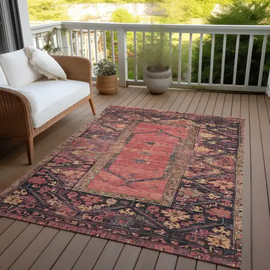 Salmon And Charcoal Oriental Washable Indoor Outdoor Area Rug Photo 7