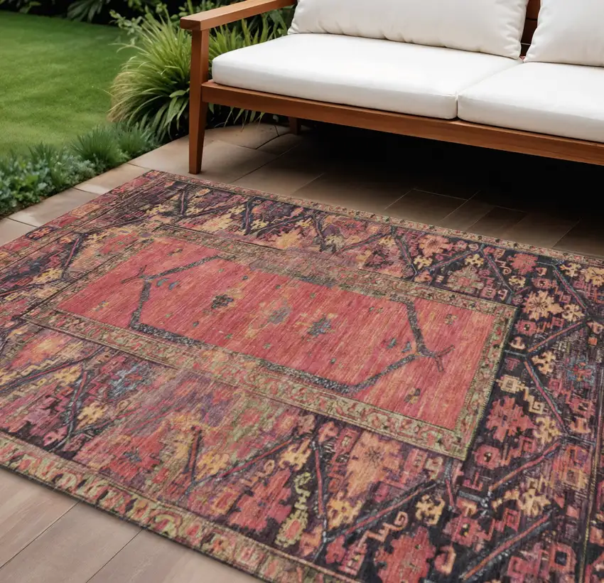 Salmon And Charcoal Oriental Washable Indoor Outdoor Area Rug Photo 2