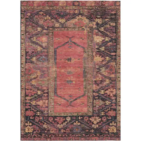 Salmon And Charcoal Oriental Washable Indoor Outdoor Area Rug Photo 1