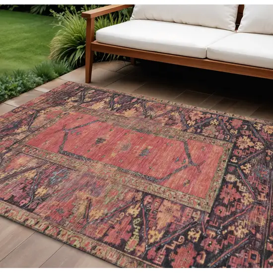 Salmon And Charcoal Oriental Washable Indoor Outdoor Area Rug Photo 2