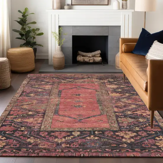 Salmon And Charcoal Oriental Washable Indoor Outdoor Area Rug Photo 9