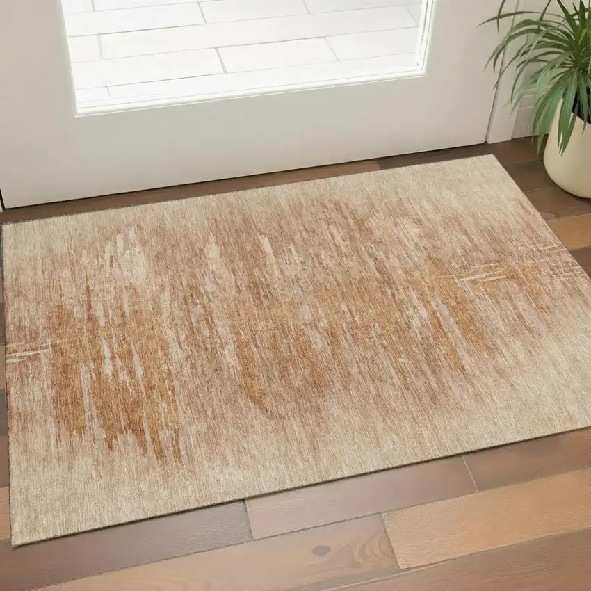 Salmon And Copper Abstract Washable Area Rug With UV Protection Photo 1