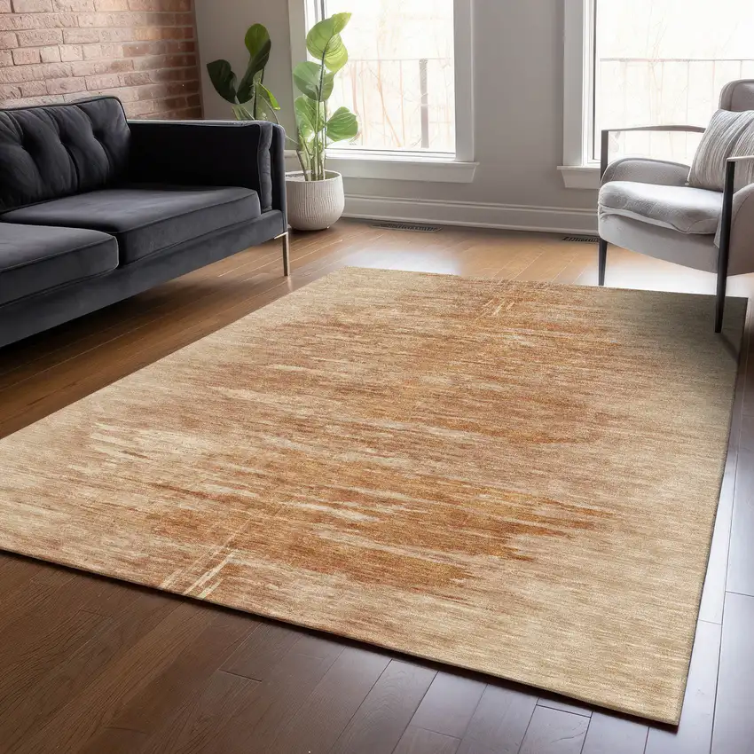 Salmon And Copper Abstract Washable Indoor Outdoor Area Rug Photo 9
