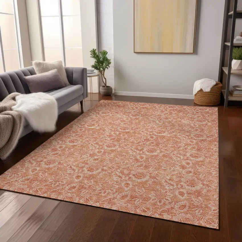 Salmon And Copper Floral Washable Indoor Outdoor Area Rug Photo 8