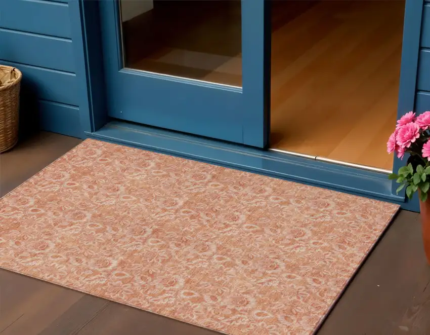 Salmon And Copper Floral Washable Indoor Outdoor Area Rug Photo 1