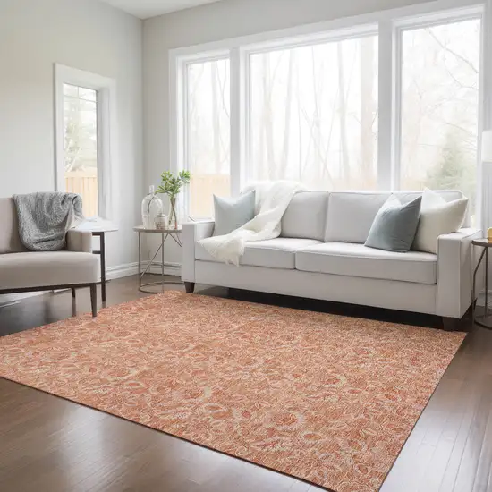 Salmon And Copper Floral Washable Indoor Outdoor Area Rug Photo 9