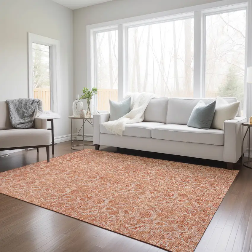Salmon And Copper Floral Washable Indoor Outdoor Area Rug Photo 9