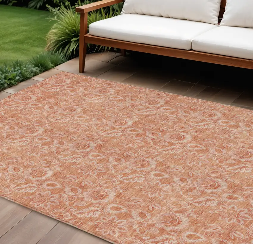 Salmon And Copper Floral Washable Indoor Outdoor Area Rug Photo 1