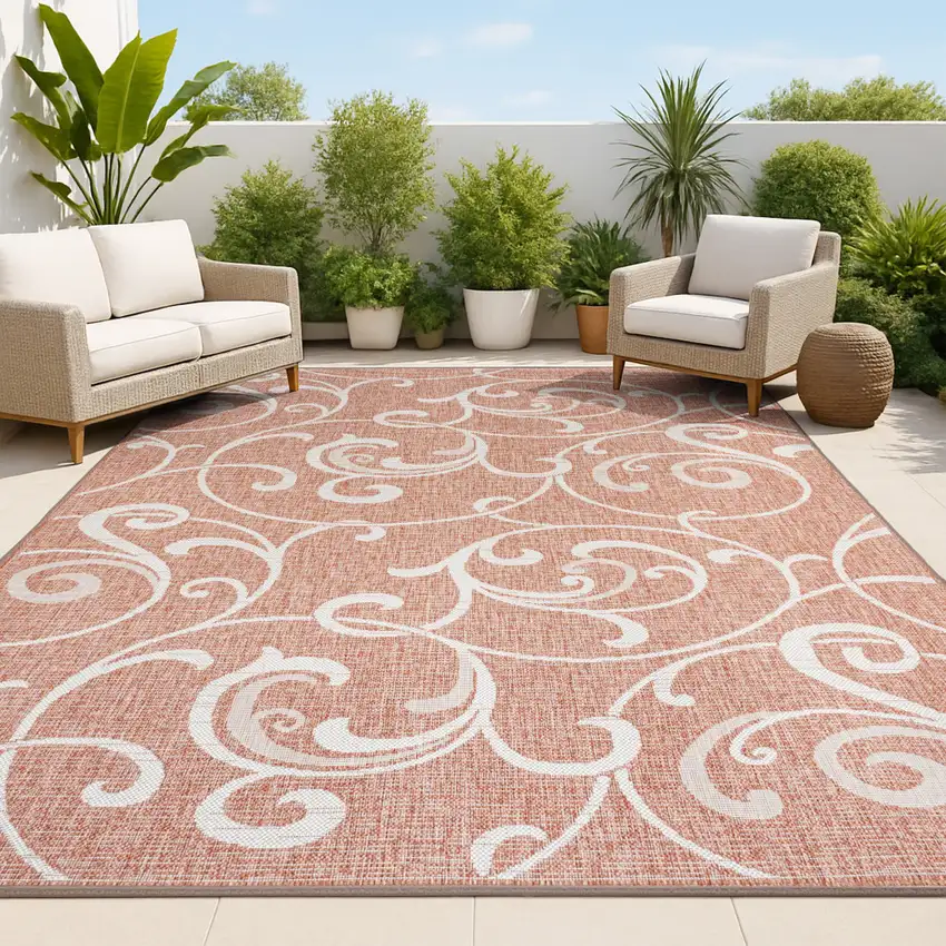 Salmon And Cream Floral Indoor Outdoor Area Rug Photo 4
