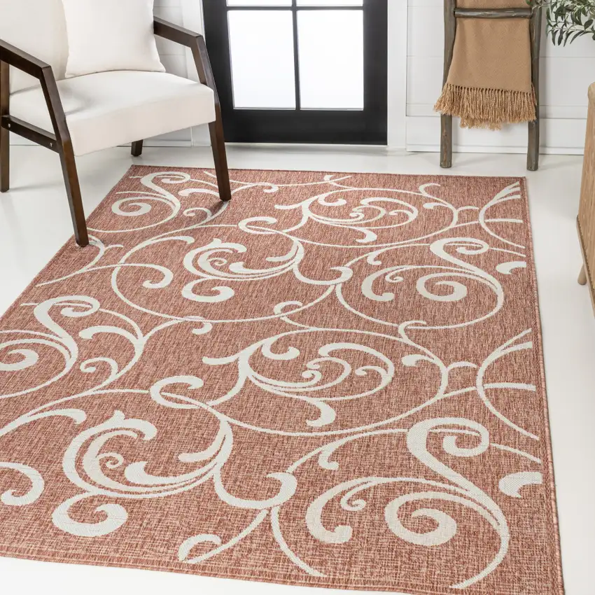 Salmon And Cream Floral Indoor Outdoor Area Rug Photo 5