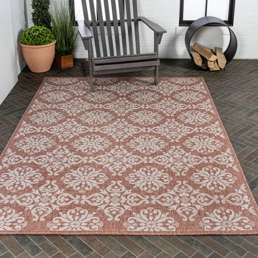 Salmon And Cream Floral Indoor Outdoor Area Rug Photo 9