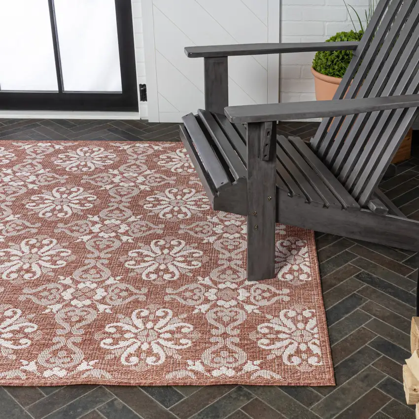Salmon And Cream Floral Indoor Outdoor Area Rug Photo 9