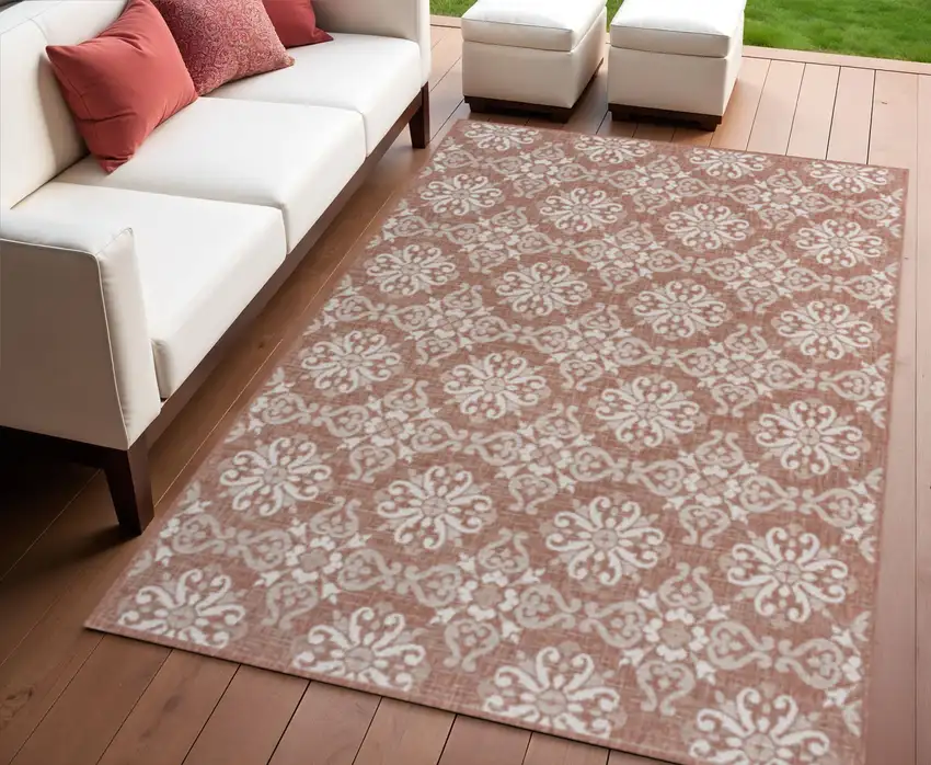 Salmon And Cream Floral Indoor Outdoor Area Rug Photo 1