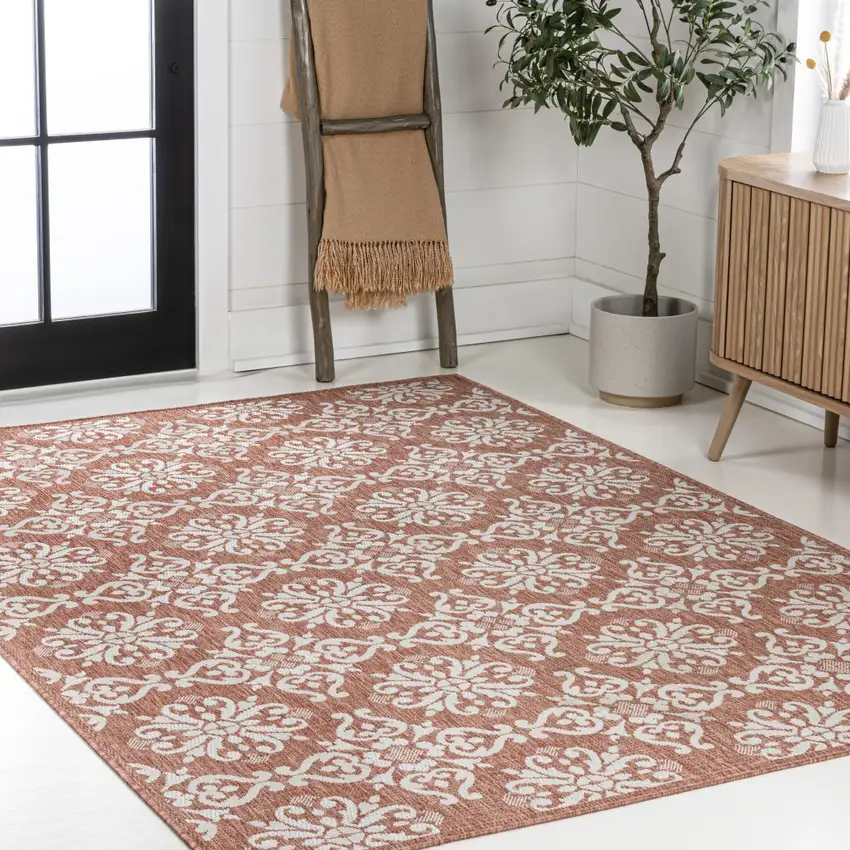 Salmon And Cream Floral Indoor Outdoor Area Rug Photo 8