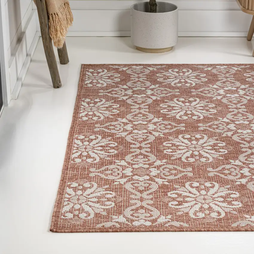 Salmon And Cream Floral Indoor Outdoor Area Rug Photo 6