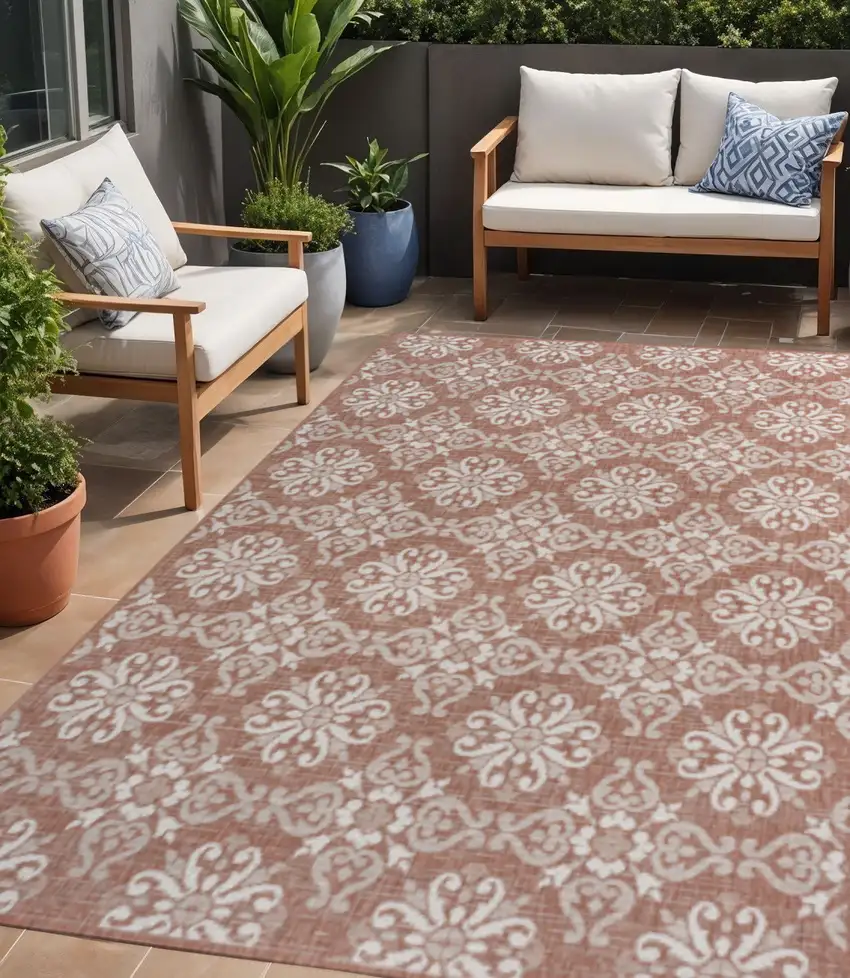 Salmon And Cream Floral Indoor Outdoor Area Rug Photo 1