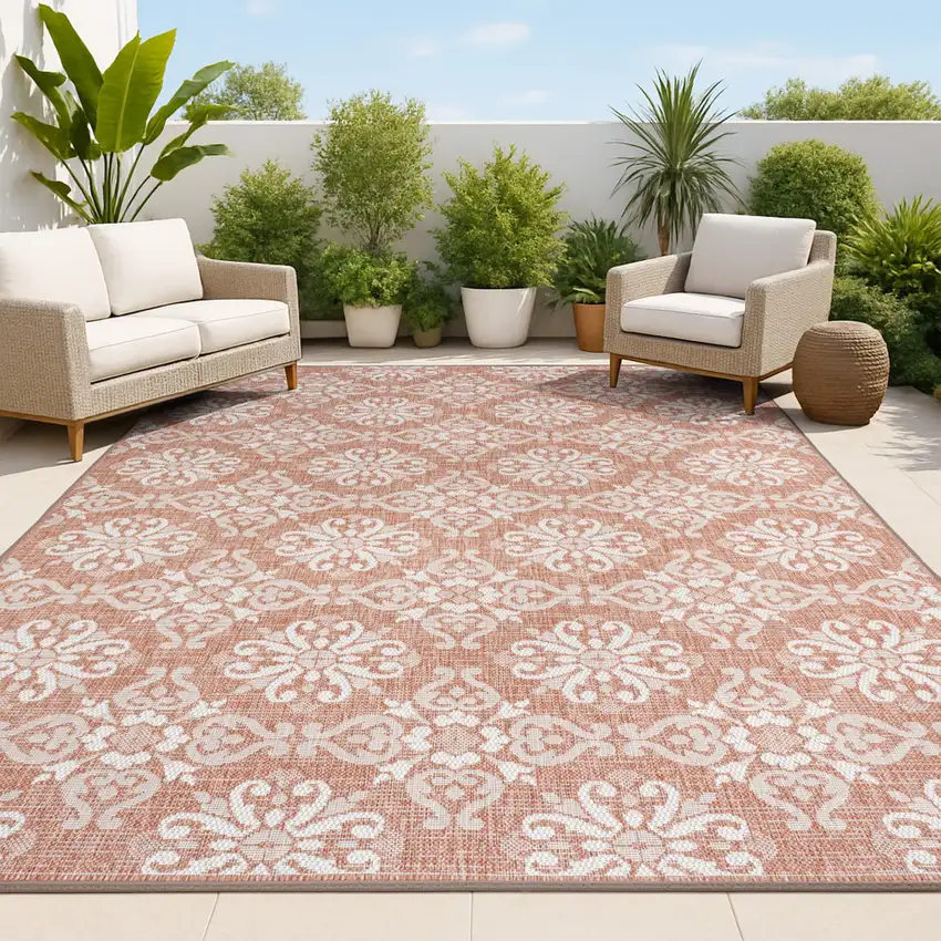 Salmon And Cream Floral Indoor Outdoor Area Rug Photo 4
