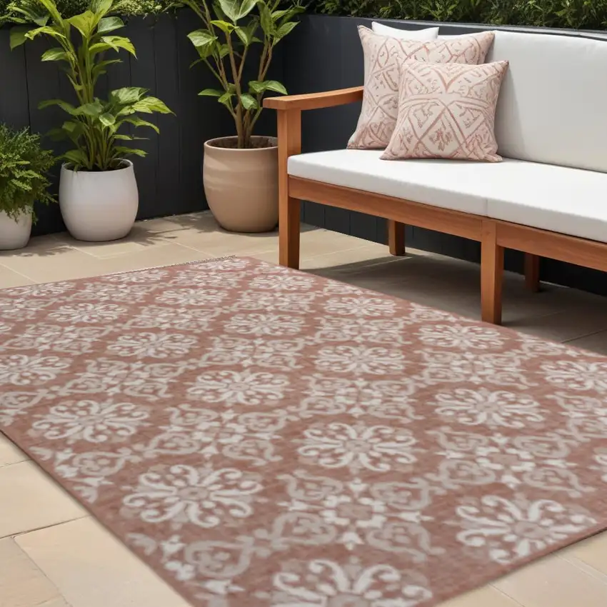 Salmon And Cream Floral Indoor Outdoor Area Rug Photo 1