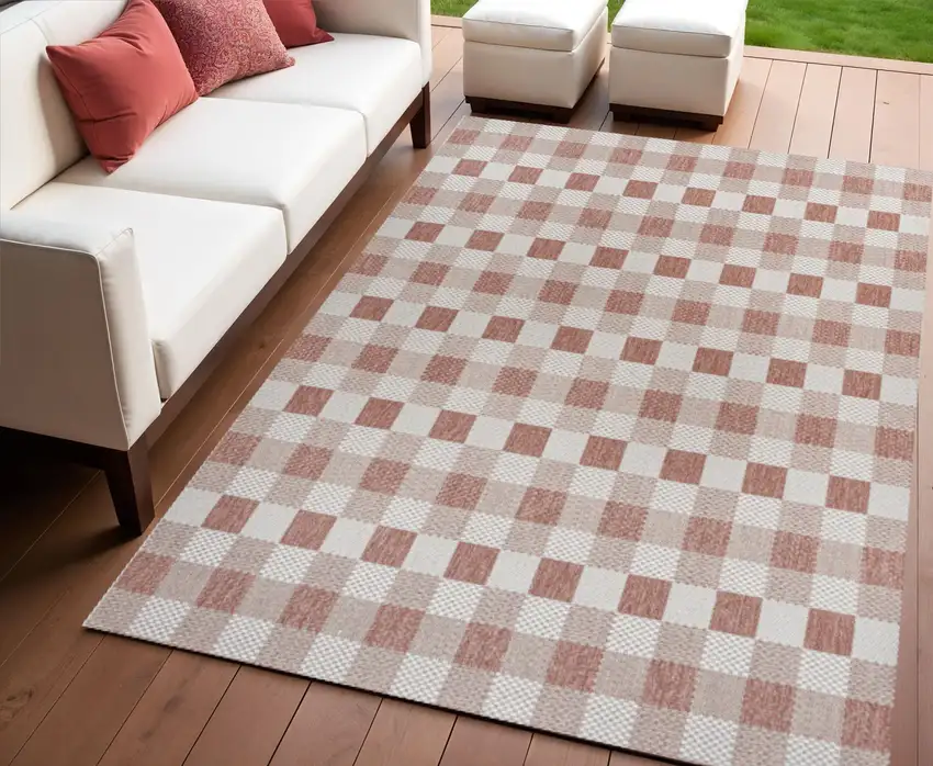 Salmon And Cream Geometric Indoor Outdoor Area Rug Photo 1