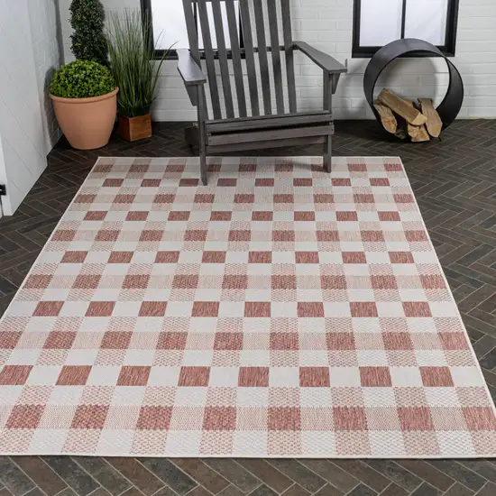 Salmon And Cream Geometric Indoor Outdoor Area Rug Photo 9